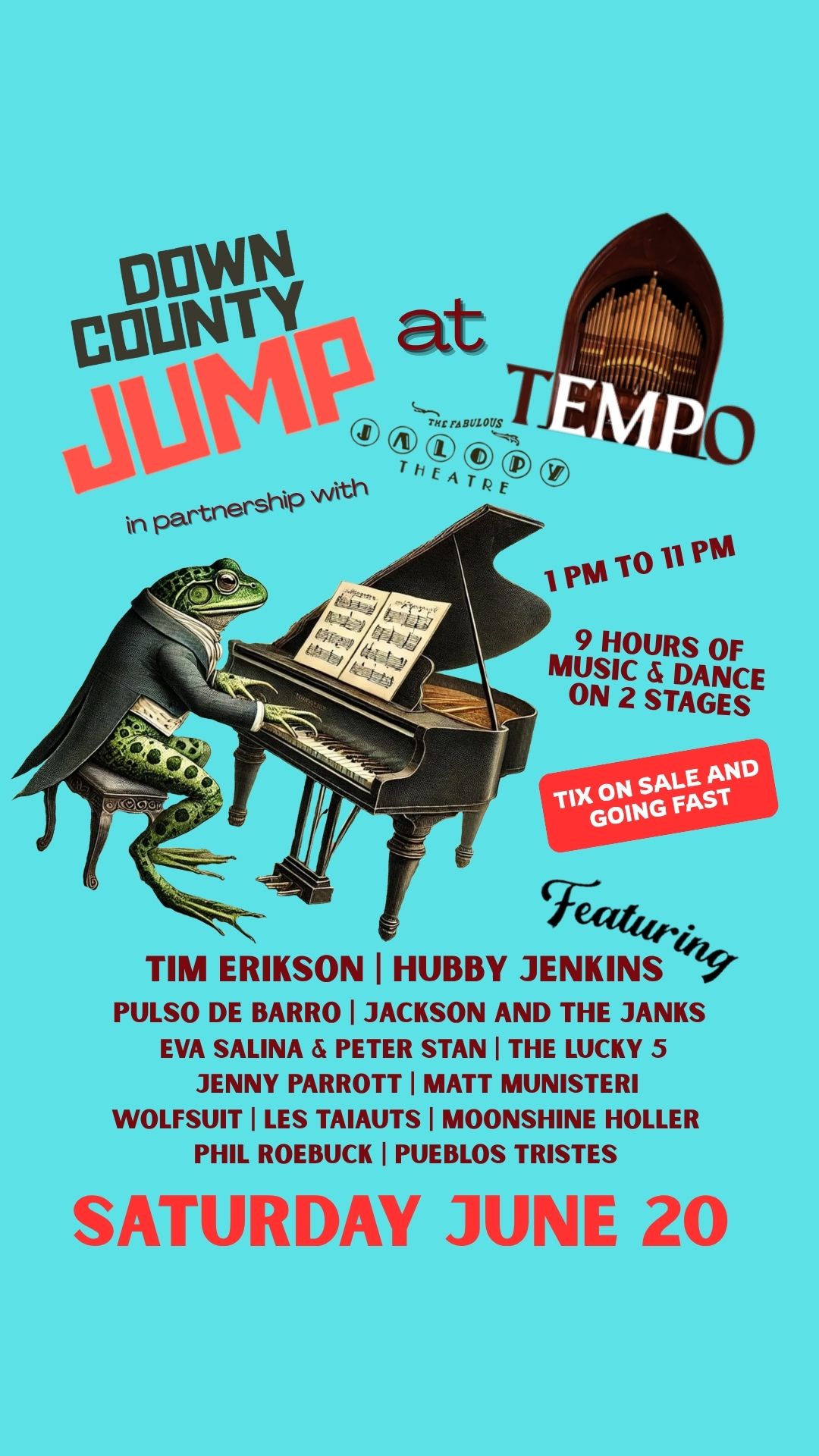 Down County Jump at TEMPO &mdash; Saturday June 20, 1&ndash;11 PM. 13 bands, 9 hours of music and dance on 2 stages.
