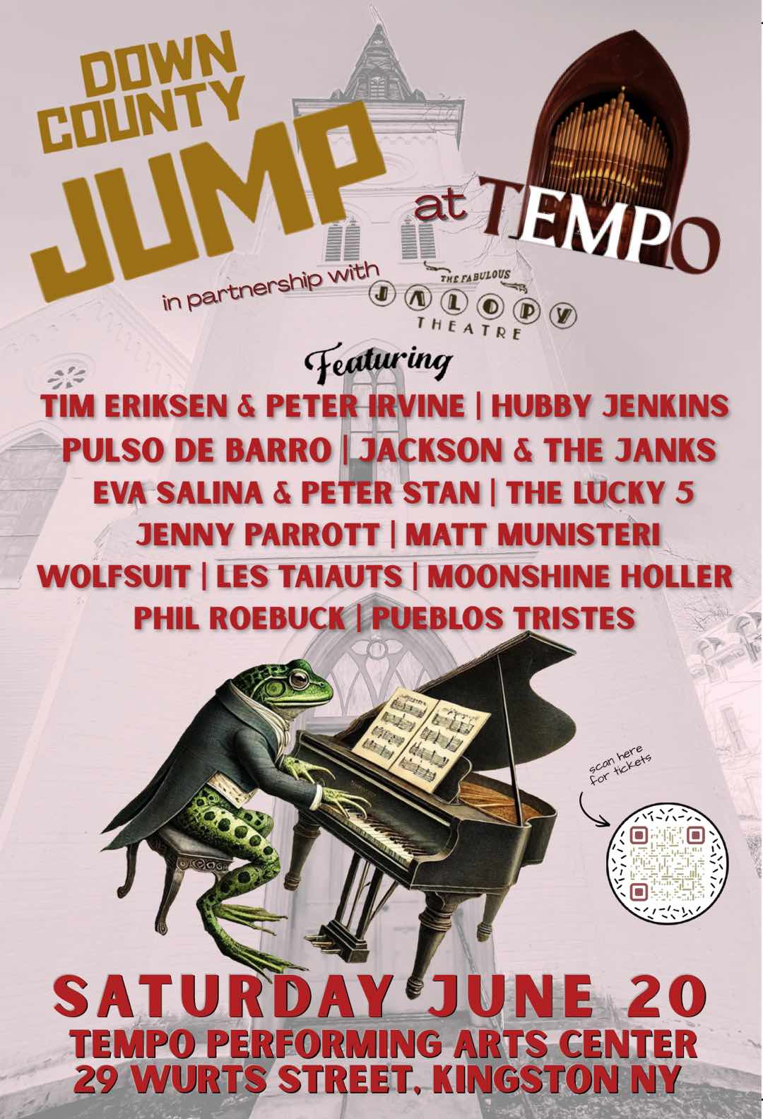 The Down County Jump — dancing frogs in top hats and bowties with the text: The Down County Jump, June 20th
